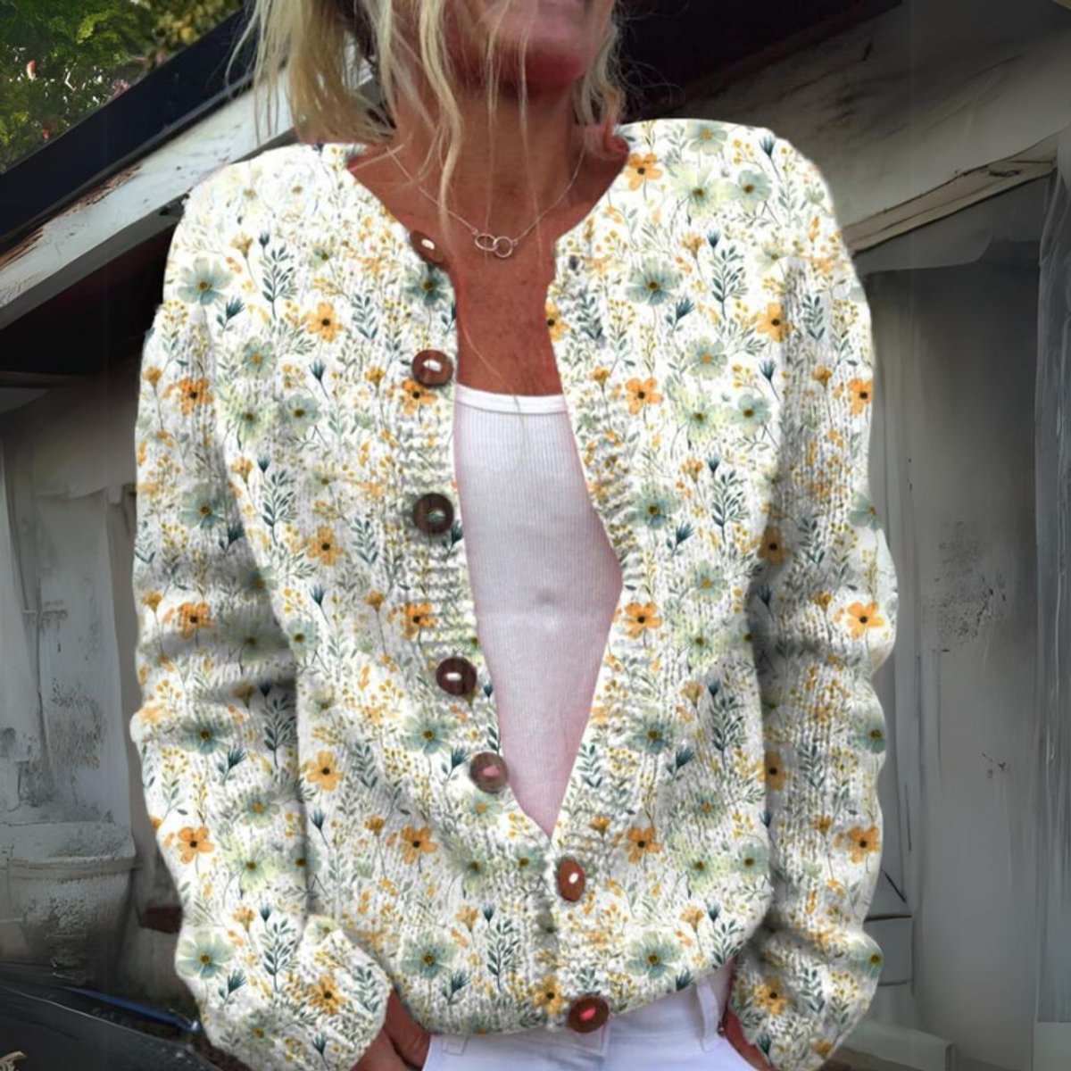 Cardigan à Motif Floral Boutonné pour Femme