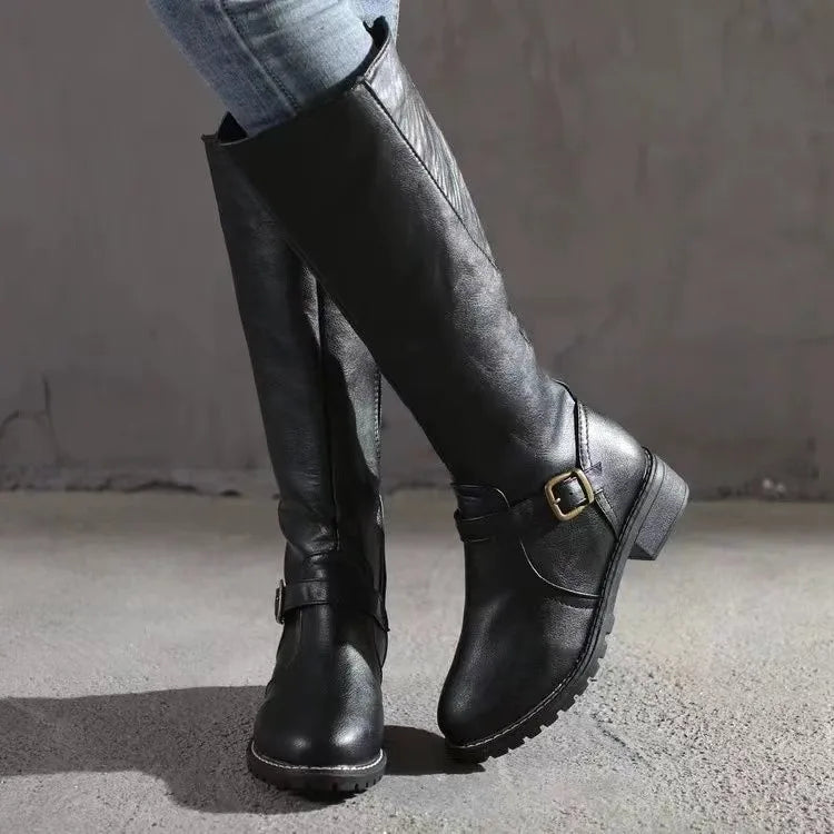 Bottes Cavalières en Cuir Synthétique à Semelle Crantée pour Femme