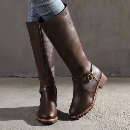 Bottes Cavalières en Cuir Synthétique à Semelle Crantée pour Femme