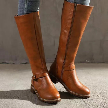 Bottes Cavalières en Cuir Synthétique à Semelle Crantée pour Femme
