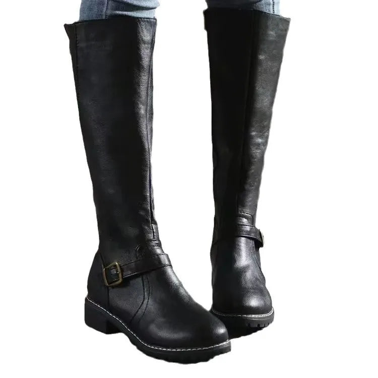 Bottes Cavalières en Cuir Synthétique à Semelle Crantée pour Femme