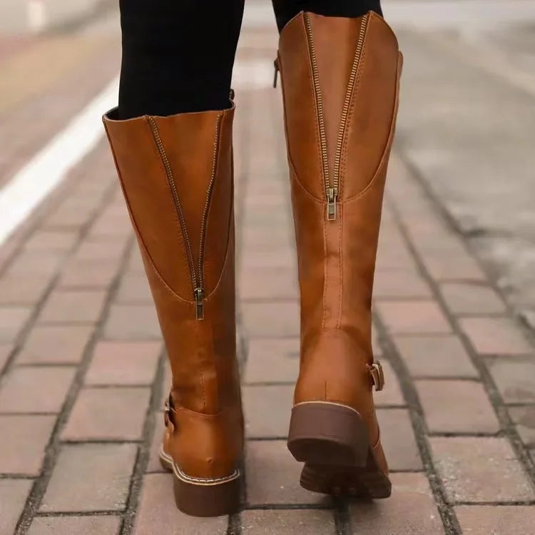 Bottes Cavalières en Cuir Synthétique à Semelle Crantée pour Femme