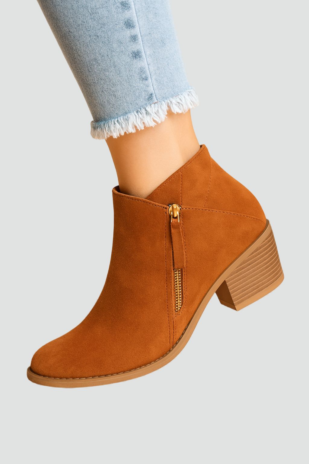 Bottines en Daim à Zip Latéral et Talon Bloc pour Femme