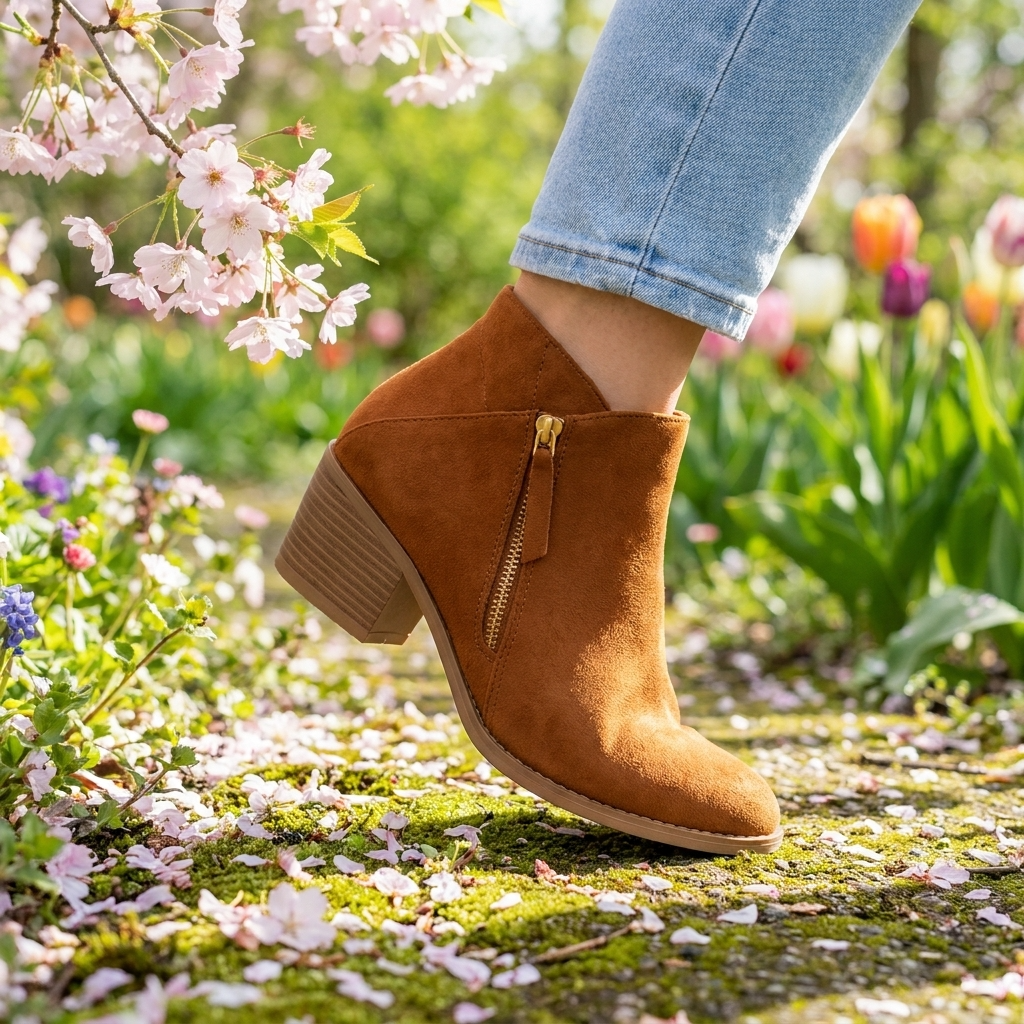 Bottines en Daim à Zip Latéral et Talon Bloc pour Femme