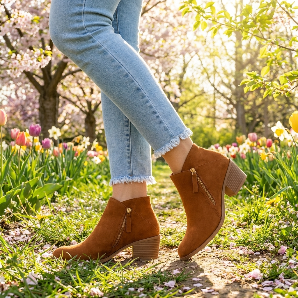 Bottines en Daim à Zip Latéral et Talon Bloc pour Femme