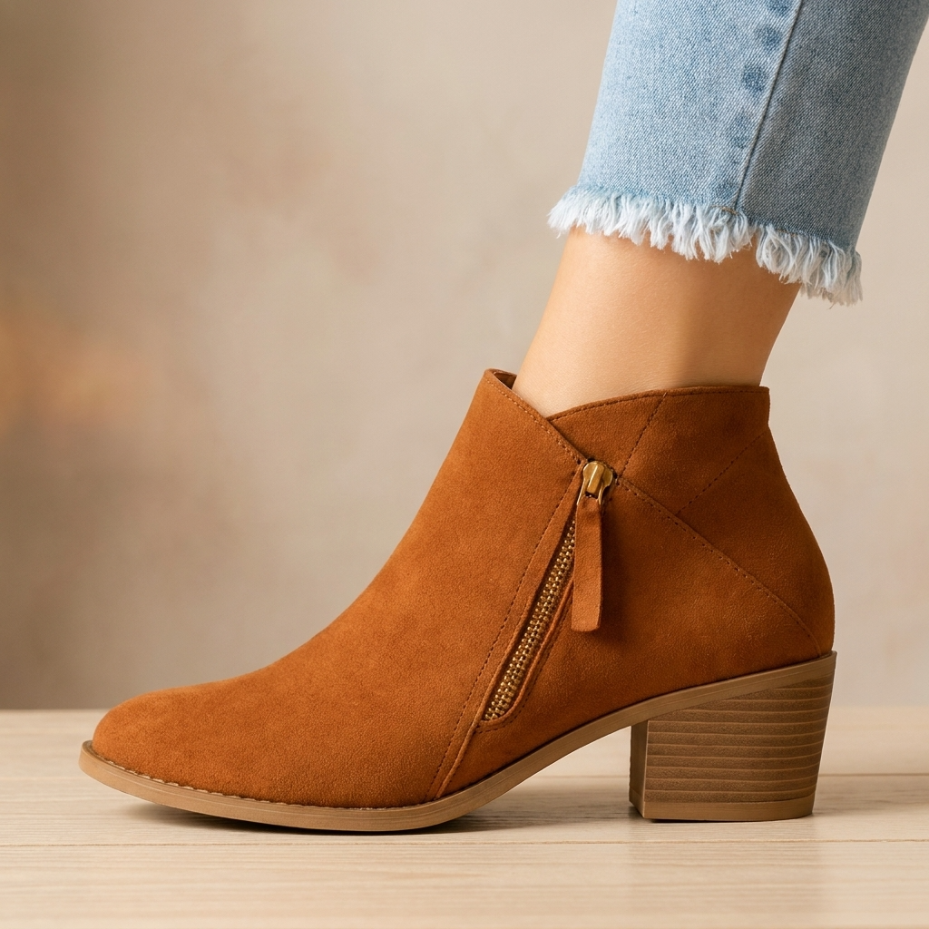 Bottines en Daim à Zip Latéral et Talon Bloc pour Femme