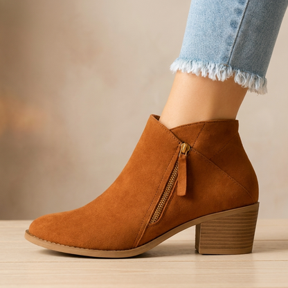 Bottines en Daim à Zip Latéral et Talon Bloc pour Femme