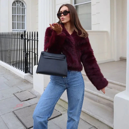 Veste d’Hiver en Fausse Fourrure Court en Rouge pour Femme