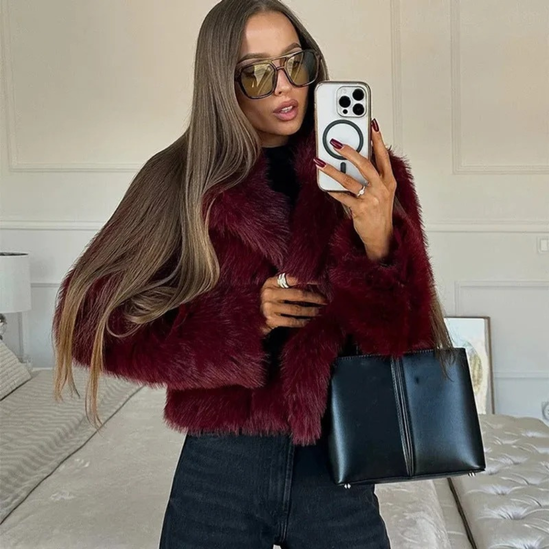 Veste d’Hiver en Fausse Fourrure Court en Rouge pour Femme
