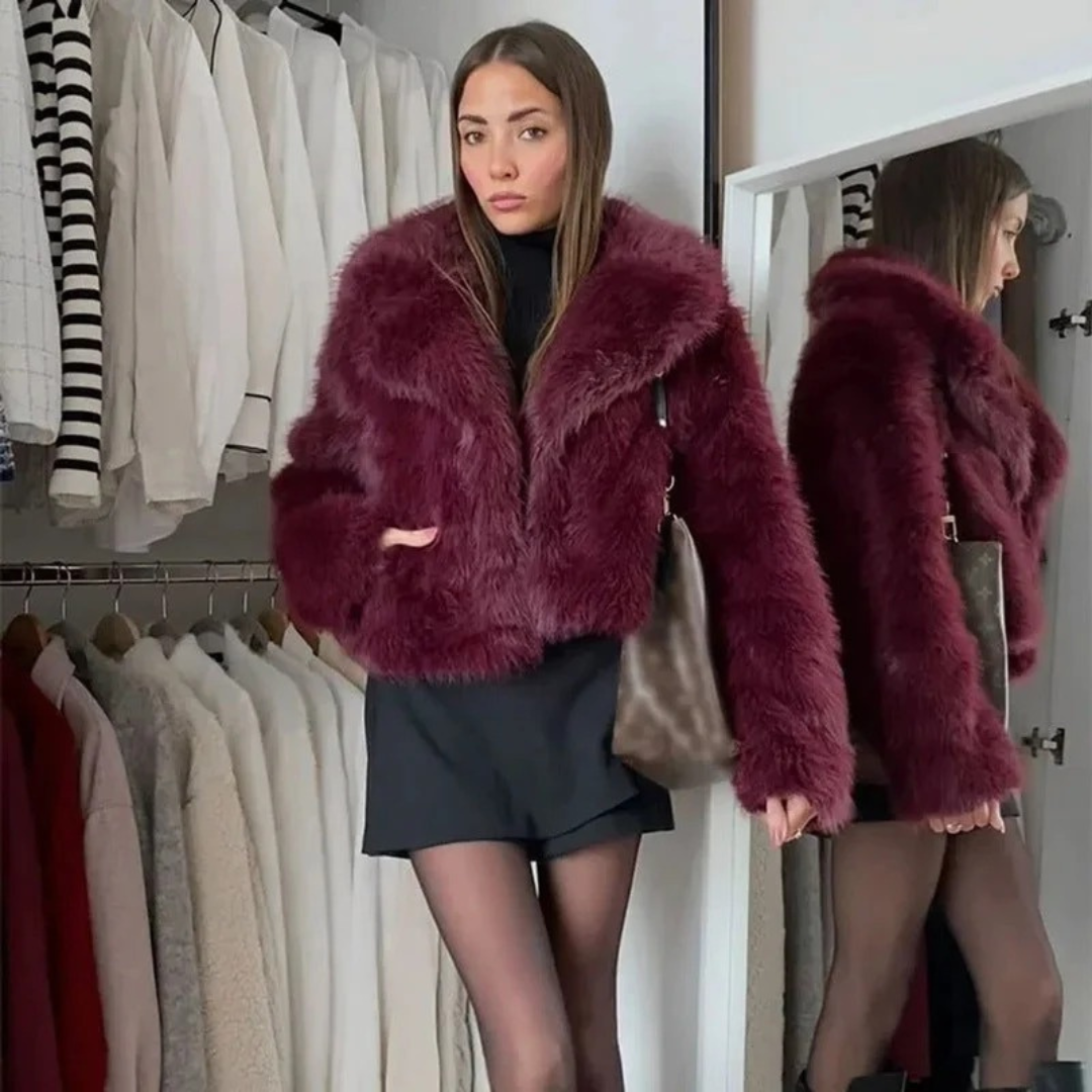 Veste d’Hiver en Fausse Fourrure Court en Rouge pour Femme
