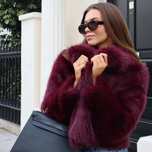 Veste d’Hiver en Fausse Fourrure Court en Rouge pour Femme