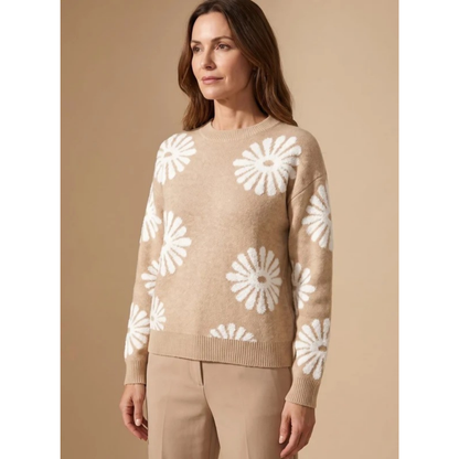 Pull en Maille à Motif Floral à Bords Côtelés pour Femme