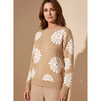 Pull en Maille à Motif Floral à Bords Côtelés pour Femme