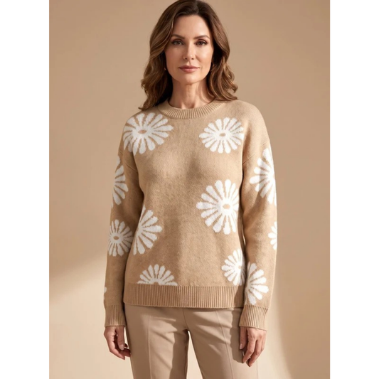 Pull en Maille à Motif Floral à Bords Côtelés pour Femme