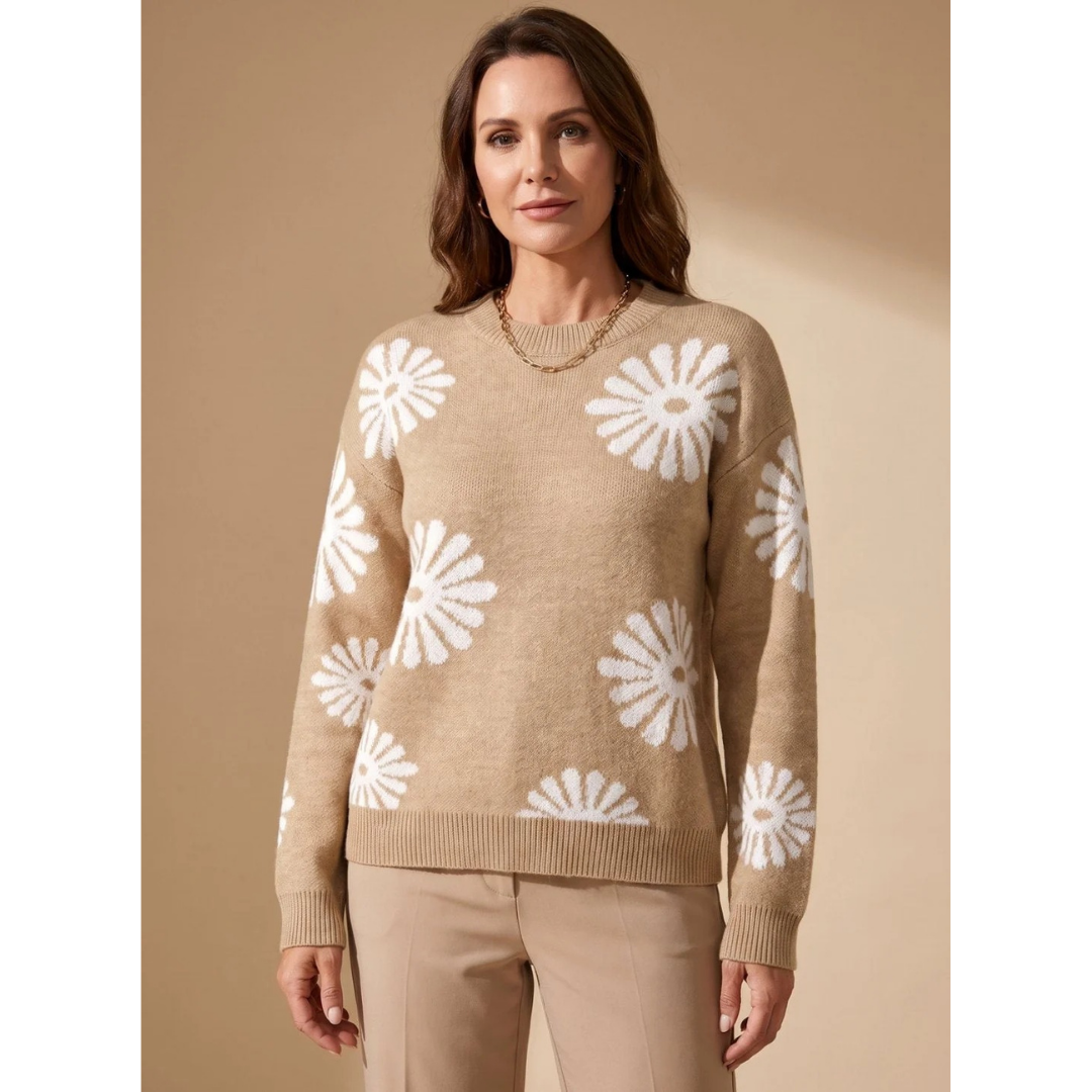 Pull en Maille à Motif Floral à Bords Côtelés pour Femme