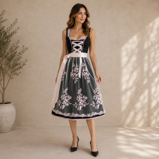 Dirndl à Motif Floral en Noir pour Femme