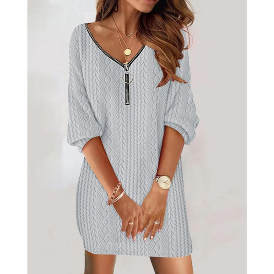 Robe en Maille à Col V à Fermeture Éclair pour Femme