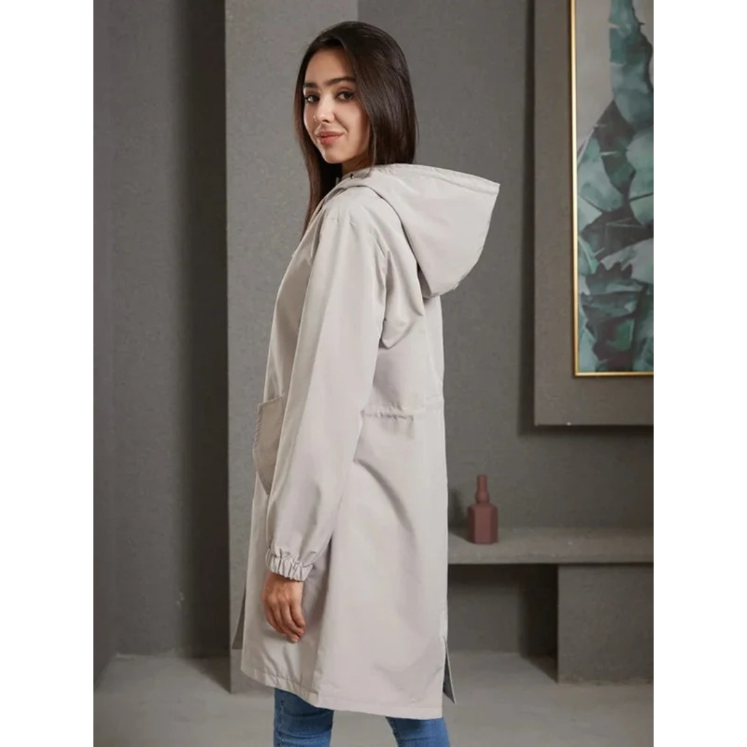 Imperméable à Capuche Boutonné Long pour Femme