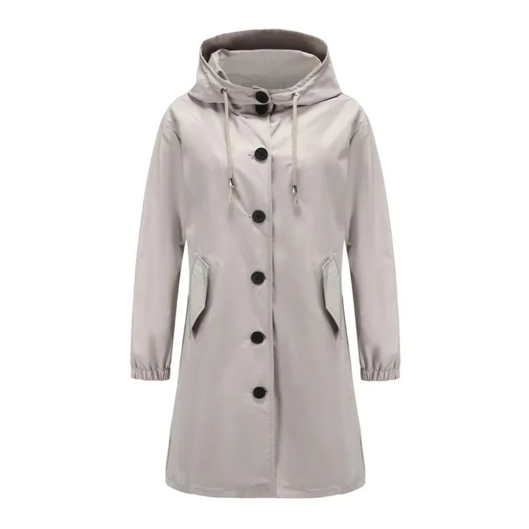 Imperméable à Capuche Boutonné Long pour Femme