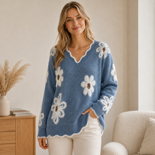 Pull en Maille à Motif Floral pour Femme