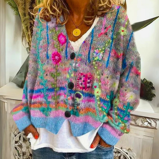 Cardigan à Col V à Motif Floral pour Femme