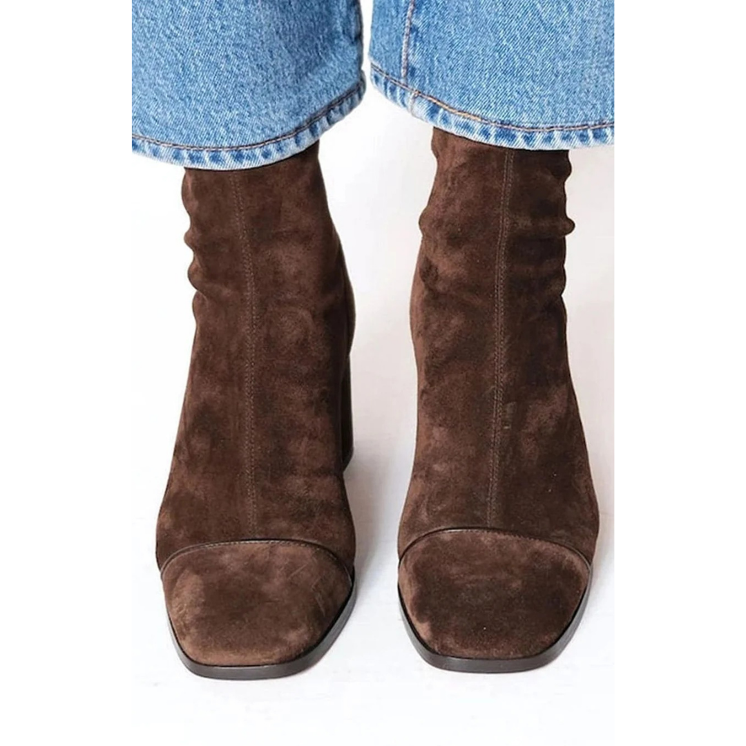 Bottines en Daim Synthétique à Talon en Marron foncé pour Femme