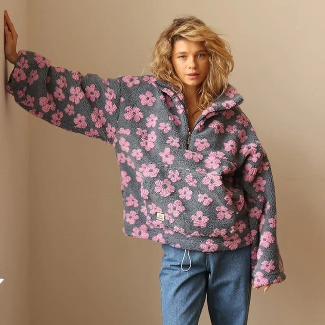Pull en Maille à Motif Floral à Fermeture Éclair pour Femme