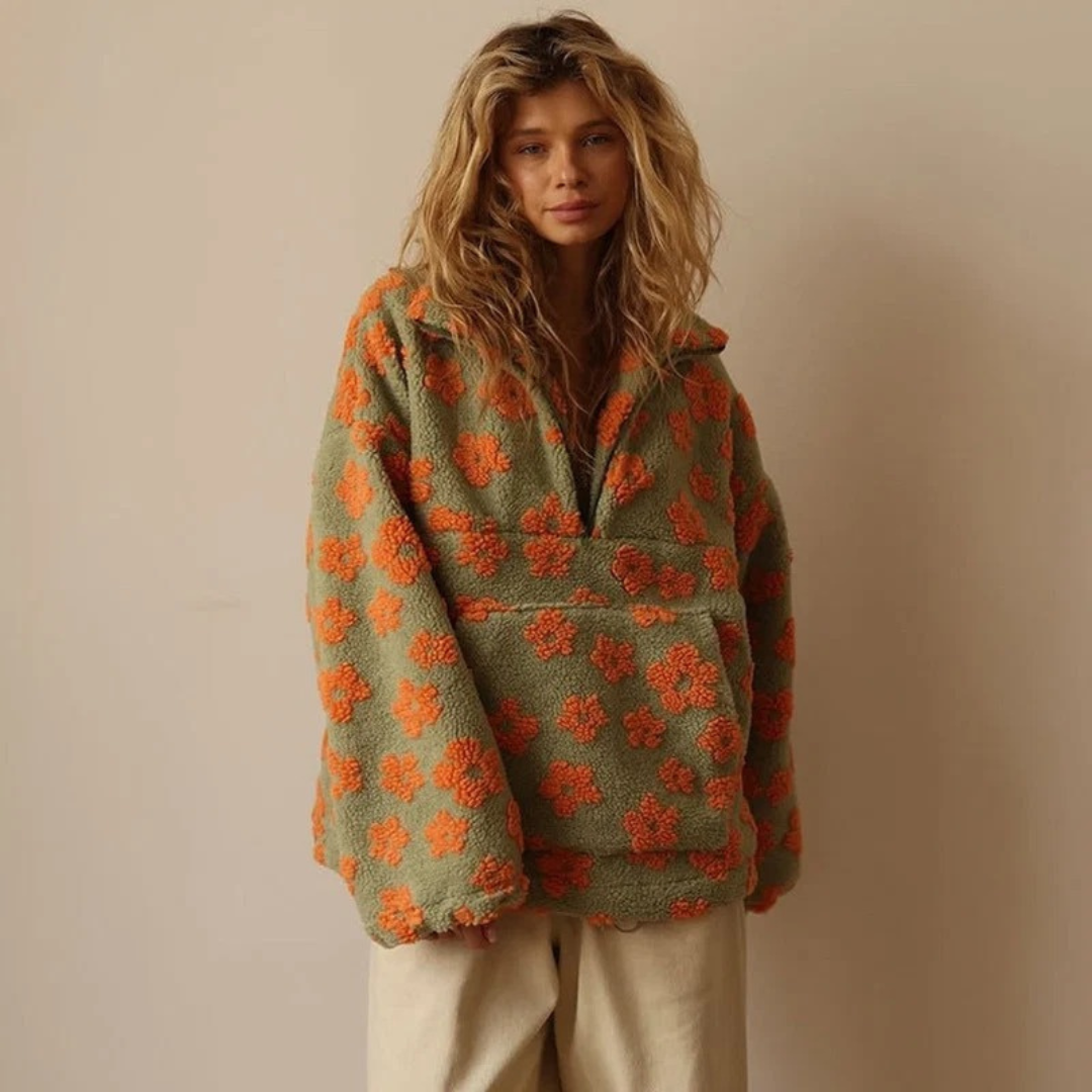 Pull en Maille à Motif Floral à Fermeture Éclair pour Femme