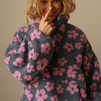 Pull en Maille à Motif Floral à Fermeture Éclair pour Femme