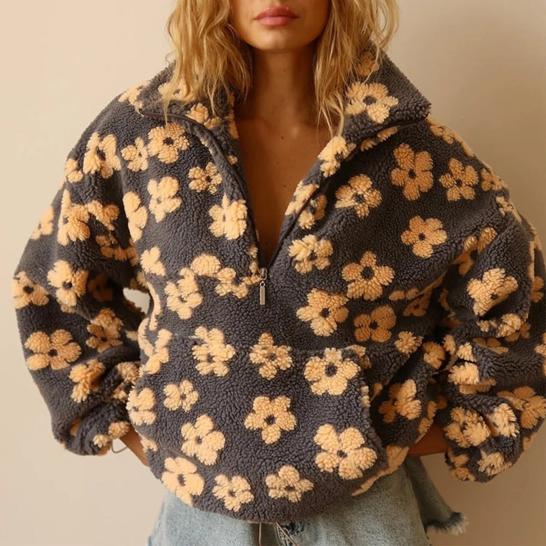 Pull en Maille à Motif Floral à Fermeture Éclair pour Femme