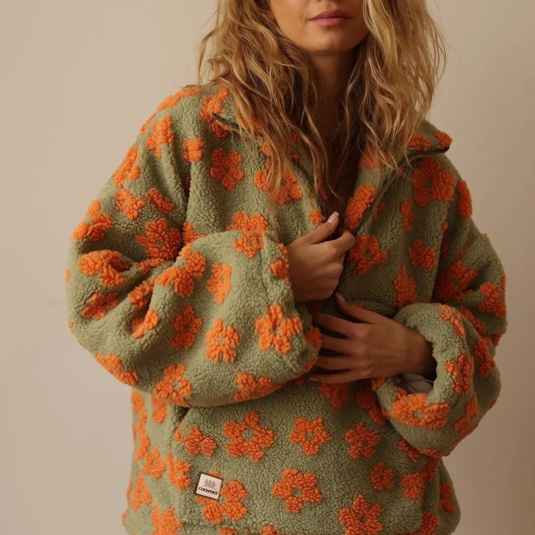 Pull en Maille à Motif Floral à Fermeture Éclair pour Femme
