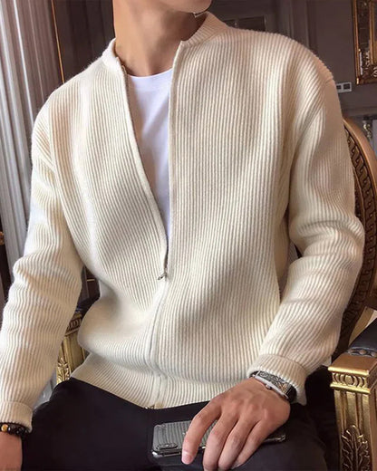 Cardigan Zippé en Maille Côtelée pour Homme