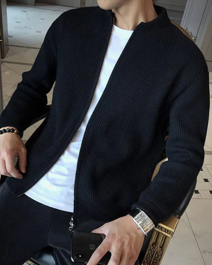 Cardigan Zippé en Maille Côtelée pour Homme