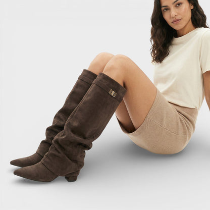 Bottes Hautes Effet Cuir à Bout Pointu pour Femme