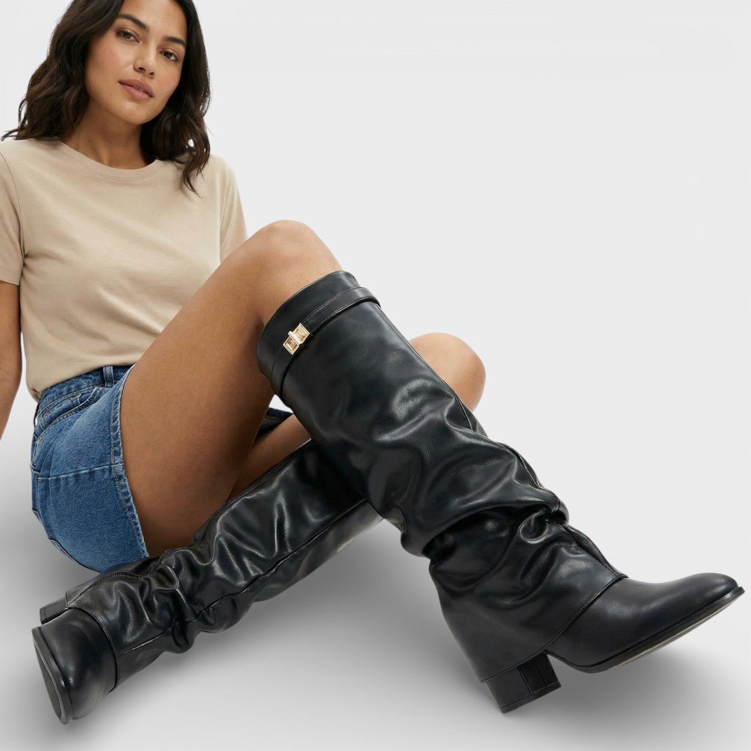 Bottes Hautes Effet Cuir à Bout Pointu pour Femme