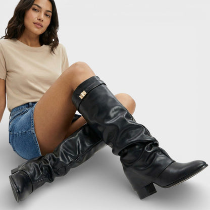 Bottes Hautes Effet Cuir à Bout Pointu pour Femme