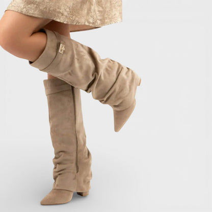 Bottes Hautes Effet Cuir à Bout Pointu pour Femme