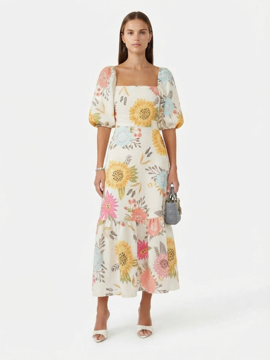 Robe Fleurie à Col Carré et Manches Bouffantes