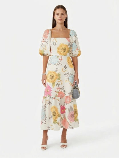 Robe Fleurie à Col Carré et Manches Bouffantes