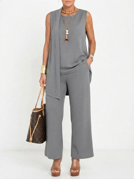 Ensemble Trois Pièces à Veste Ouverte et Pantalon Large pour Femme