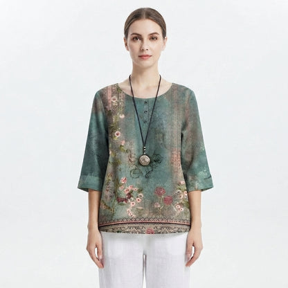 Blouse Vintage Florale à Manches 3/4 pour Femme