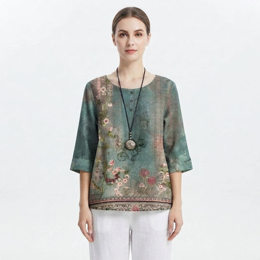 Blouse Vintage Florale à Manches 3/4 pour Femme
