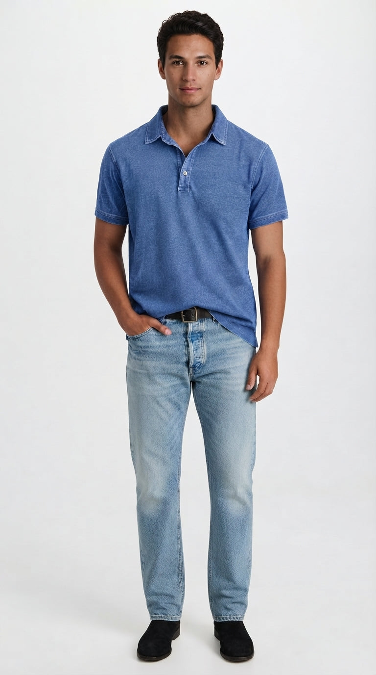 Polo en Coton pour Homme, Effet Denim Délavé