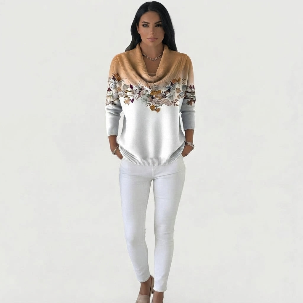 Pull en Tricot à Motif Floral et Col Cascade pour Femme