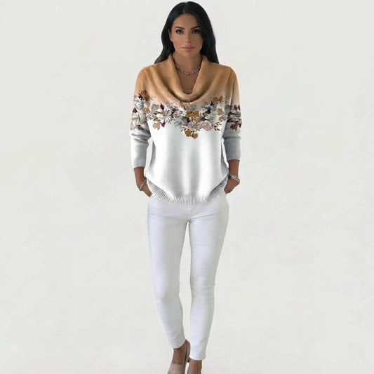 Pull en Tricot à Motif Floral et Col Cascade pour Femme