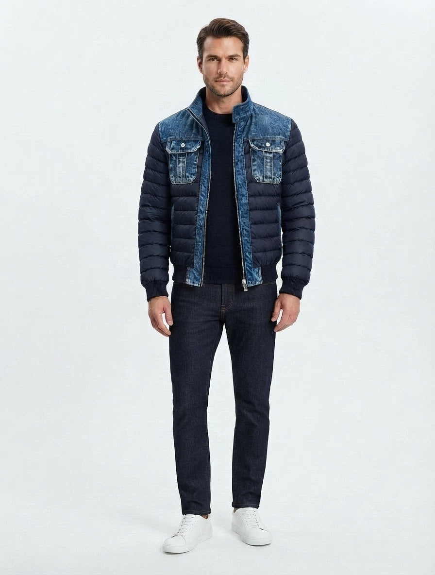 Veste Puffer Hybride en Denim à Col Montant pour Homme