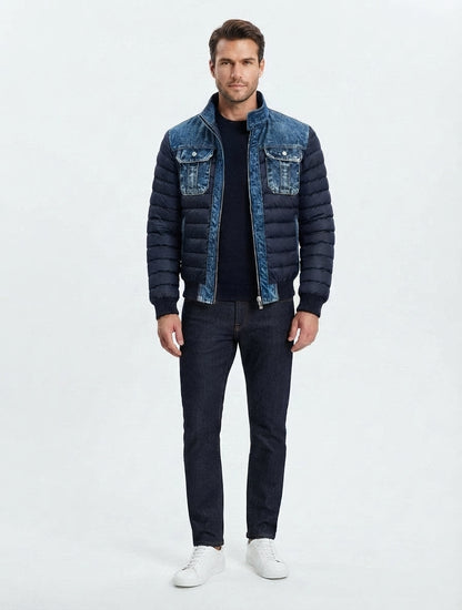 Veste Puffer Hybride en Denim à Col Montant pour Homme