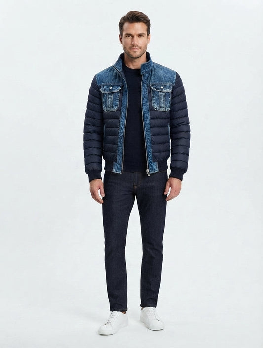 Veste Puffer Hybride en Denim à Col Montant pour Homme