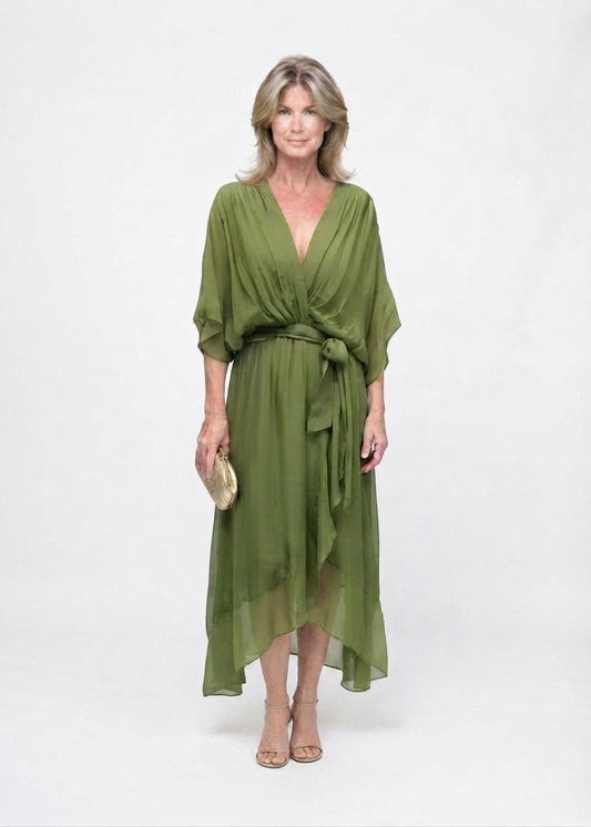 Robe Midi Portefeuille en Mousseline à Col V pour Femme