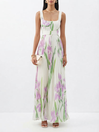 Robe Maxi Fleurie à Détails Plissés pour Femme